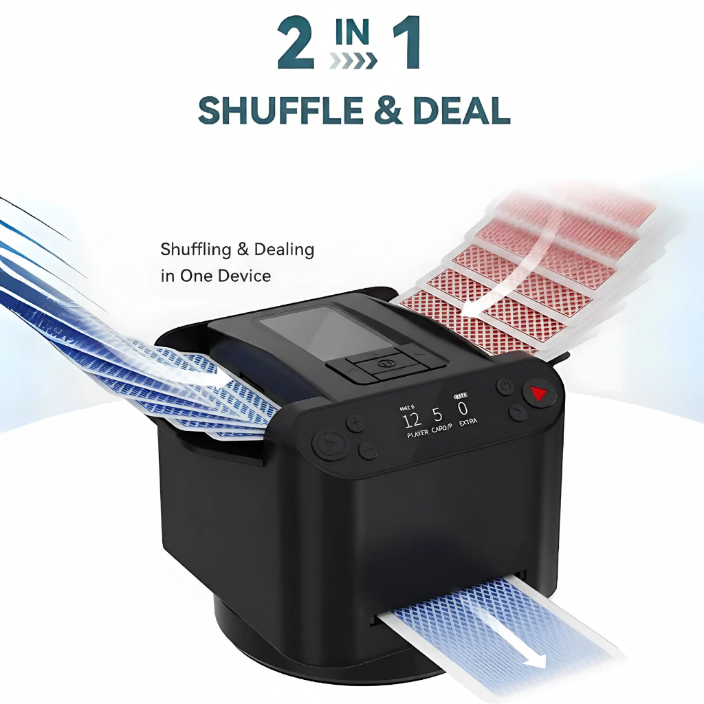 2-in-1 Automatic Card Shuffler & Dealer, 360° Rotating (Up to 12 Card Drawing Remotes)