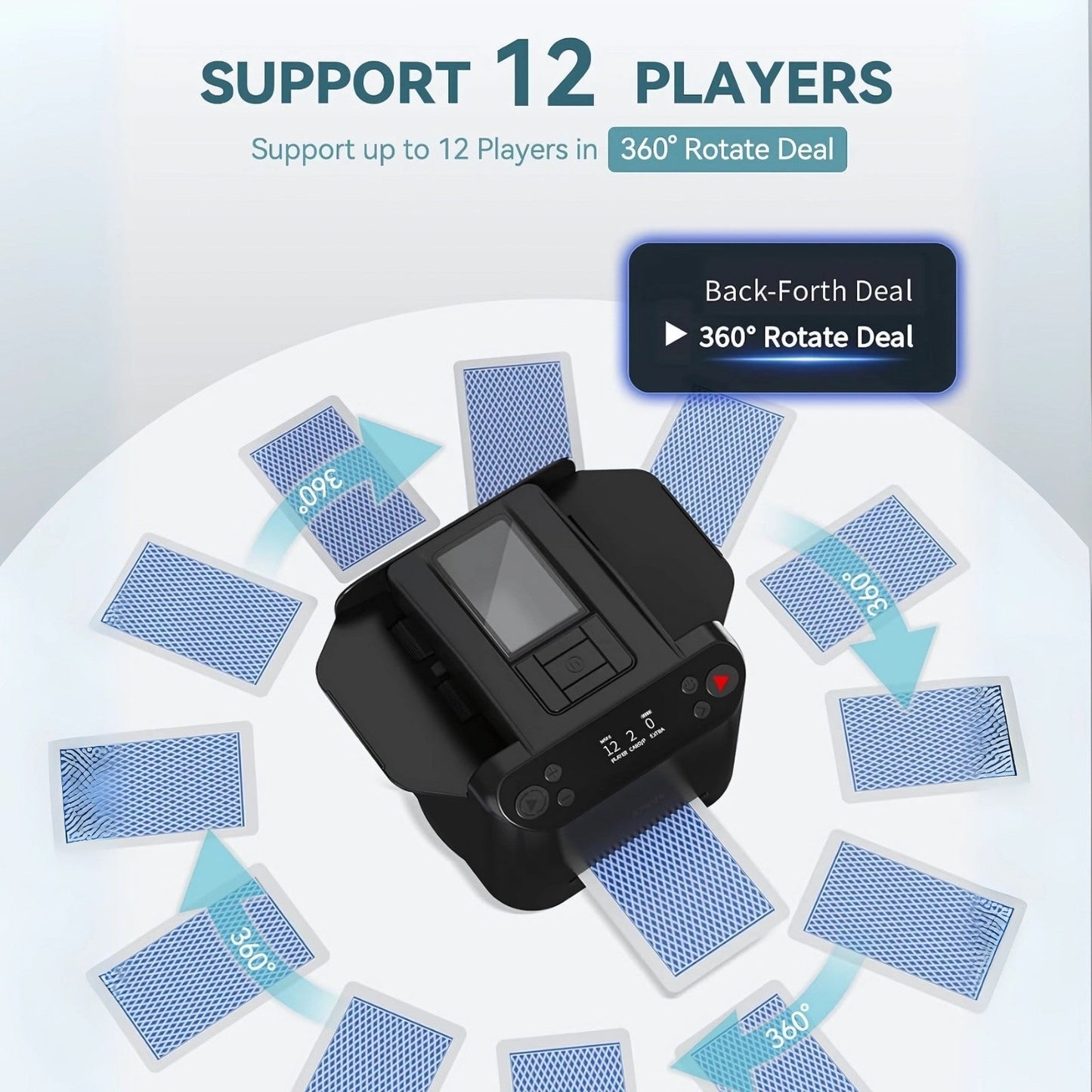 2-in-1 Automatic Card Shuffler & Dealer, 360° Rotating (Up to 12 Card Drawing Remotes)