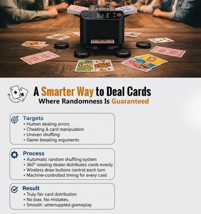 2-in-1 Automatic Card Shuffler & Dealer, 360° Rotating (Up to 12 Card Drawing Remotes)
