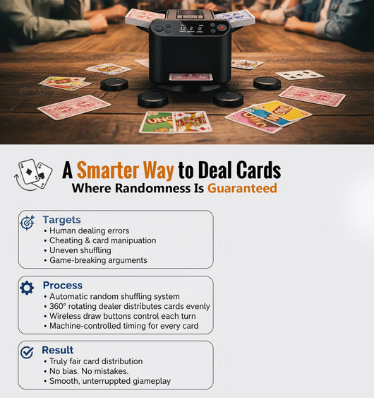 2-in-1 Automatic Card Shuffler & Dealer, 360° Rotating (Up to 12 Card Drawing Remotes)