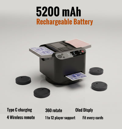 2-in-1 Automatic Card Shuffler & Dealer, 360° Rotating (Up to 12 Card Drawing Remotes)