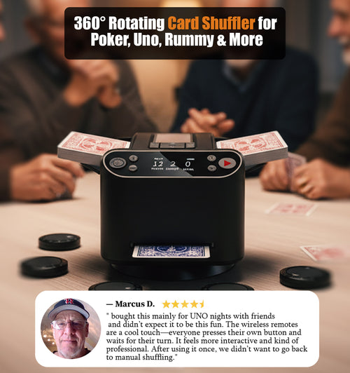 2-in-1 Automatic Card Shuffler & Dealer, 360° Rotating (Up to 12 Card Drawing Remotes)
