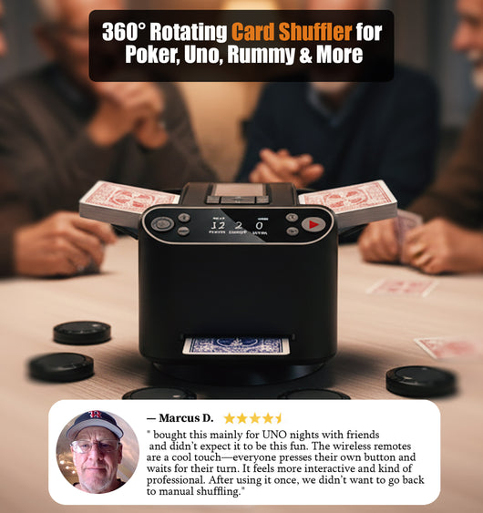 2-in-1 Automatic Card Shuffler & Dealer, 360° Rotating (Up to 12 Card Drawing Remotes)